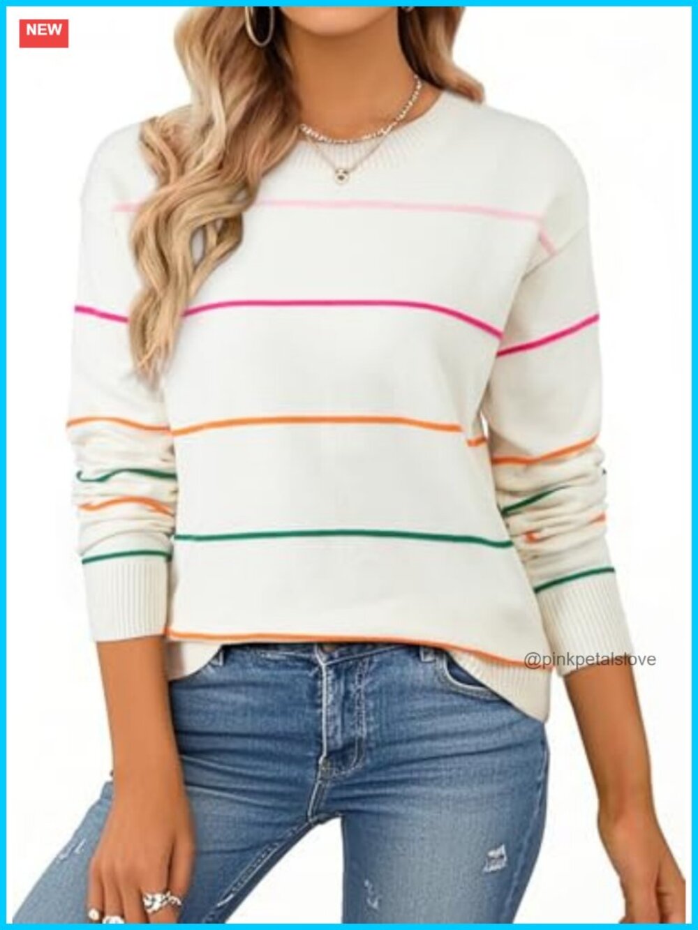 Womens Crew Neck Striped Knit Sweater Loose Fit Fall Pullover